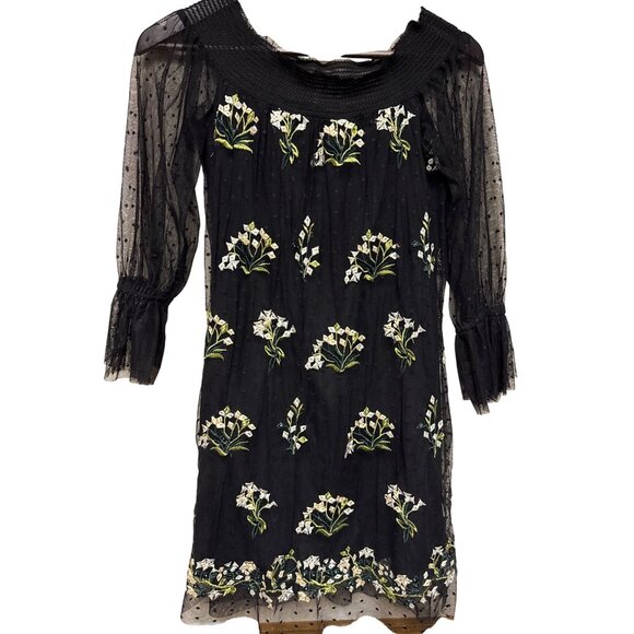 Lucy Paris Women's Dress Embroidered Black Floral Overlay Smock Neck XS Short - Picture 1 of 10